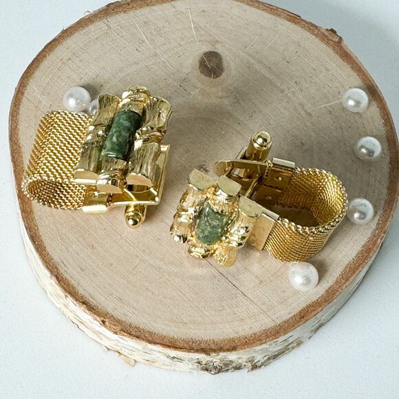 Vintage Jade Cufflinks Tie Clip Set Gold Tone Elegant Wedding Men Bamboo Asian - Picture 6 of 14